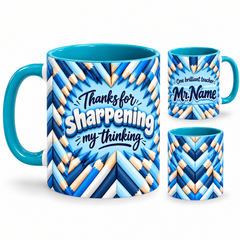 Sharp Thinking Mug – 320ml, teal ceramic mug, views of the full-wrap Teacher’s Day design