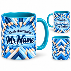 Sharp Thinking Mug – 320ml, teal ceramic mug, views of the full-wrap Teacher’s Day design