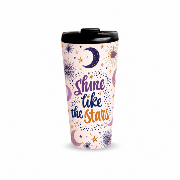 Shine Like Stars 480ml Tumbler with closed black lid, front view