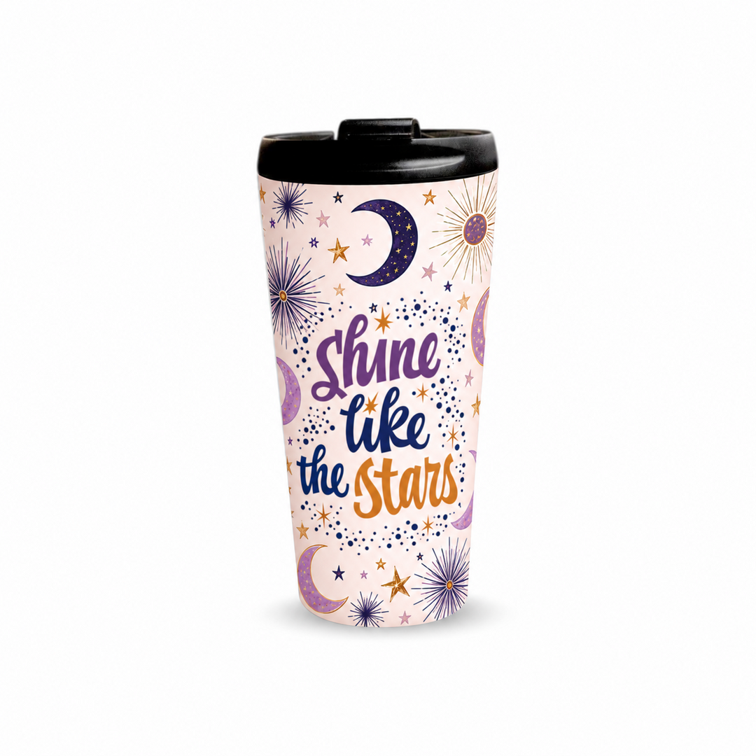Shine Like Stars 480ml Tumbler with closed black lid, front view