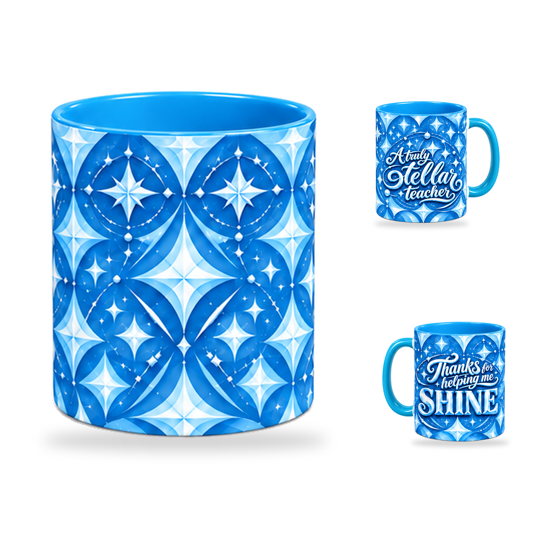 Shining Teacher Mug – 320ml, Light Blue ceramic mug, centre-pattern of the Teacher’s Day artwork