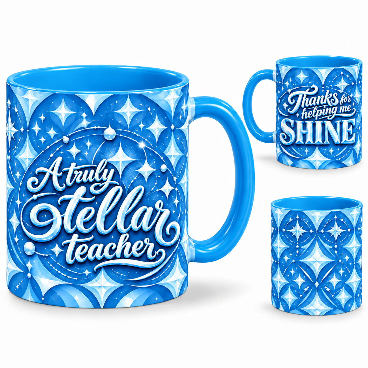 Shining Teacher Mug – 320ml, light blue ceramic mug, views of the full-wrap Teacher’s Day design