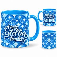 Shining Teacher Mug – 320ml, light blue ceramic mug, views of the full-wrap Teacher’s Day design