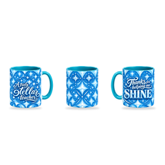 Shining Teacher Mug – 320ml, Teal ceramic mug, three-angle overview of the Teacher’s Day artwork
