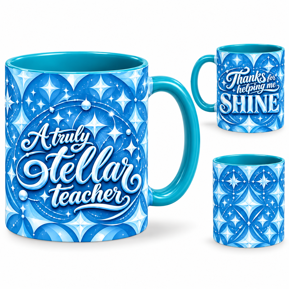 Shining Teacher Mug – 320ml, teal ceramic mug, views of the full-wrap Teacher’s Day design