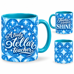 Shining Teacher Mug – 320ml, teal ceramic mug, views of the full-wrap Teacher’s Day design