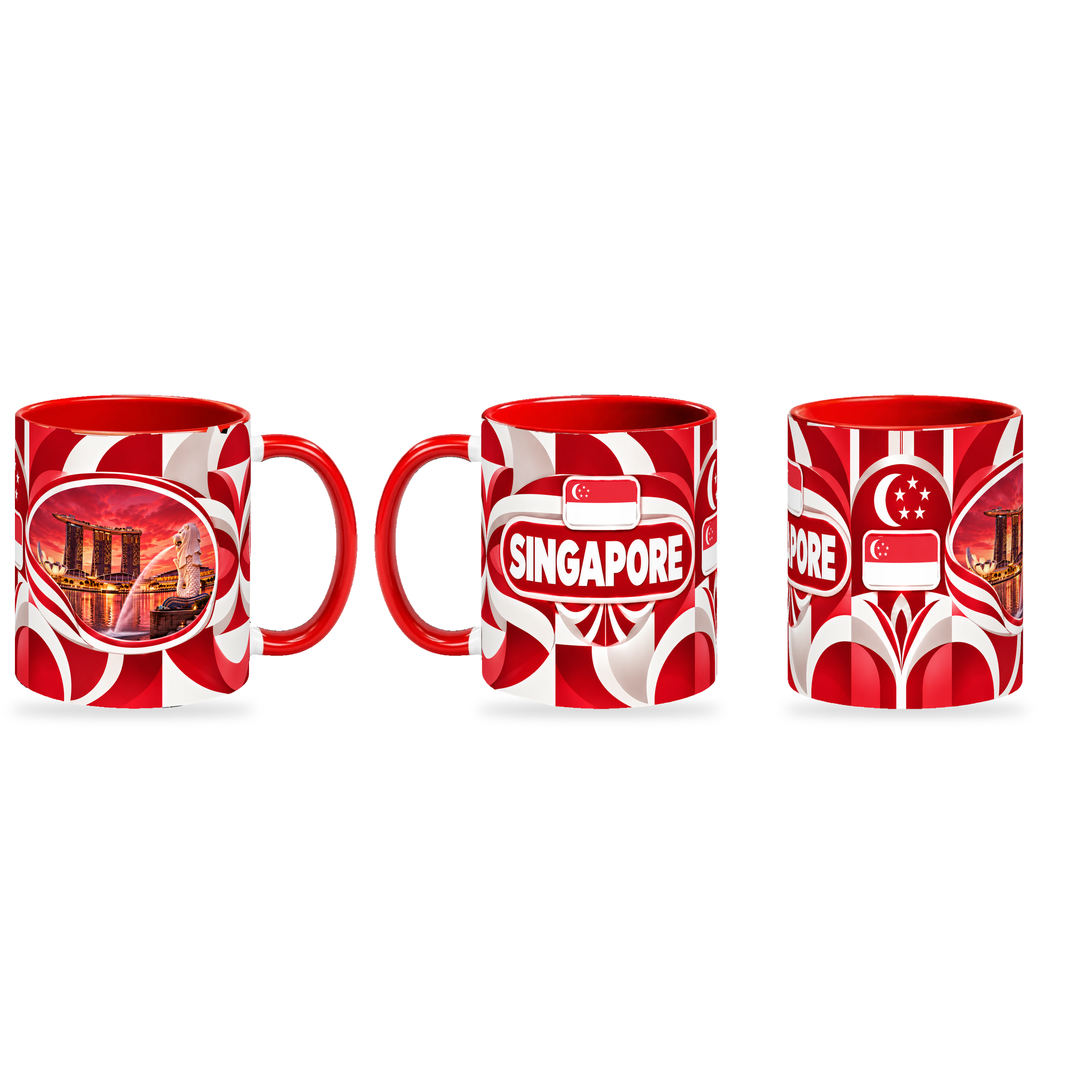 Singapore Mug – 320ml — three matching angles together on a white background with a soft shadow