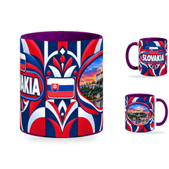 Slovakia Mug Purple – 320ml with purple handle, showing the centered flag view plus companion country-name and landmark views of the glossy full-wrap design by Fann Bliss.