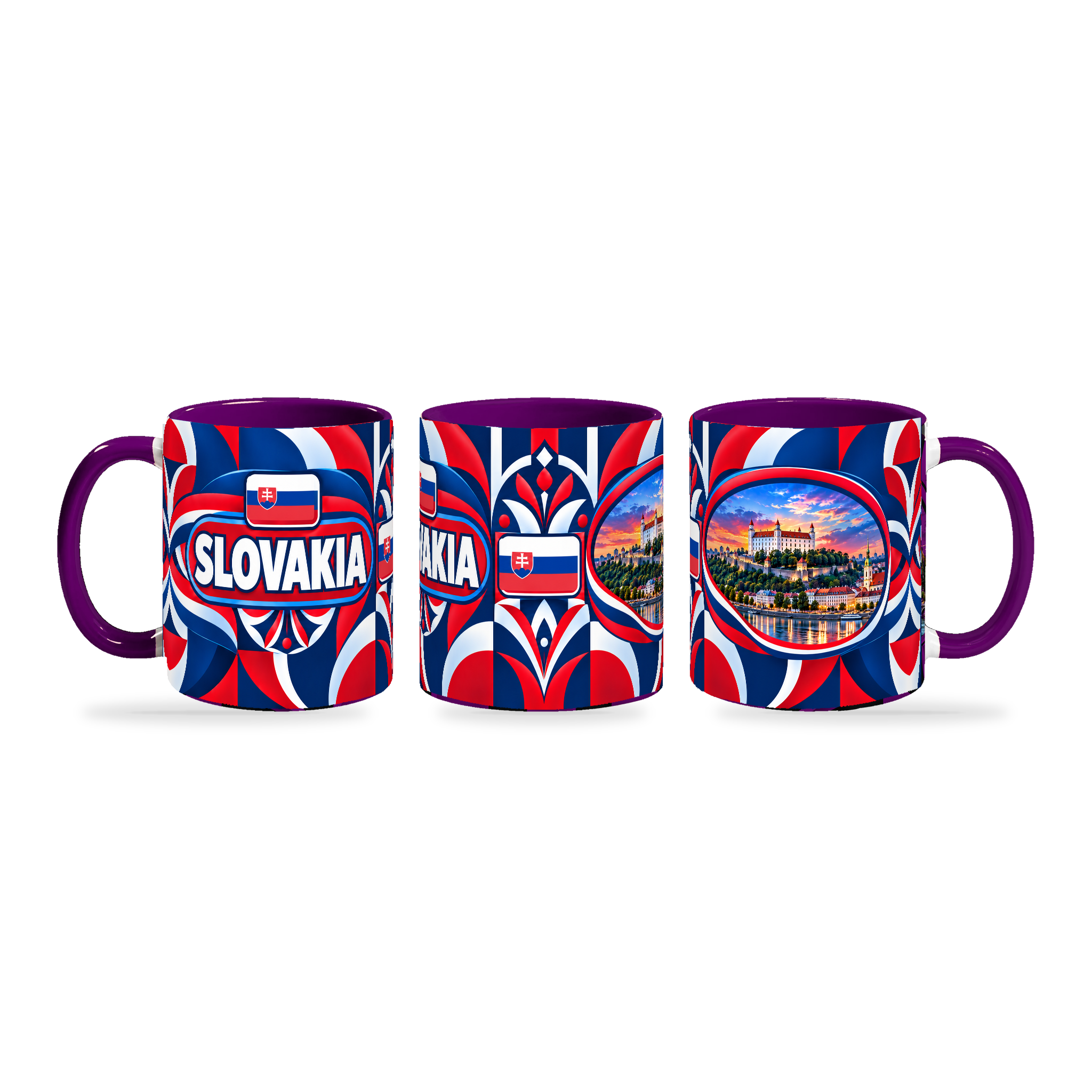 Slovakia Mug Purple – 320ml with purple handle, shown in three matching angles of the glossy full-wrap design by Fann Bliss.