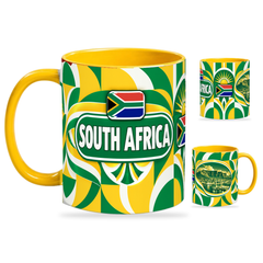 South Africa Mug Yellow – 320ml with yellow handle, showing the country-name side plus companion centered-flag and landmark views of the glossy full-wrap design by Fann Bliss.