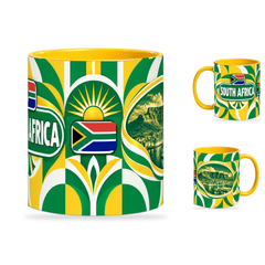 South Africa Mug Yellow – 320ml with yellow handle, showing the centered flag view plus companion country-name and landmark views of the glossy full-wrap design by Fann Bliss.
