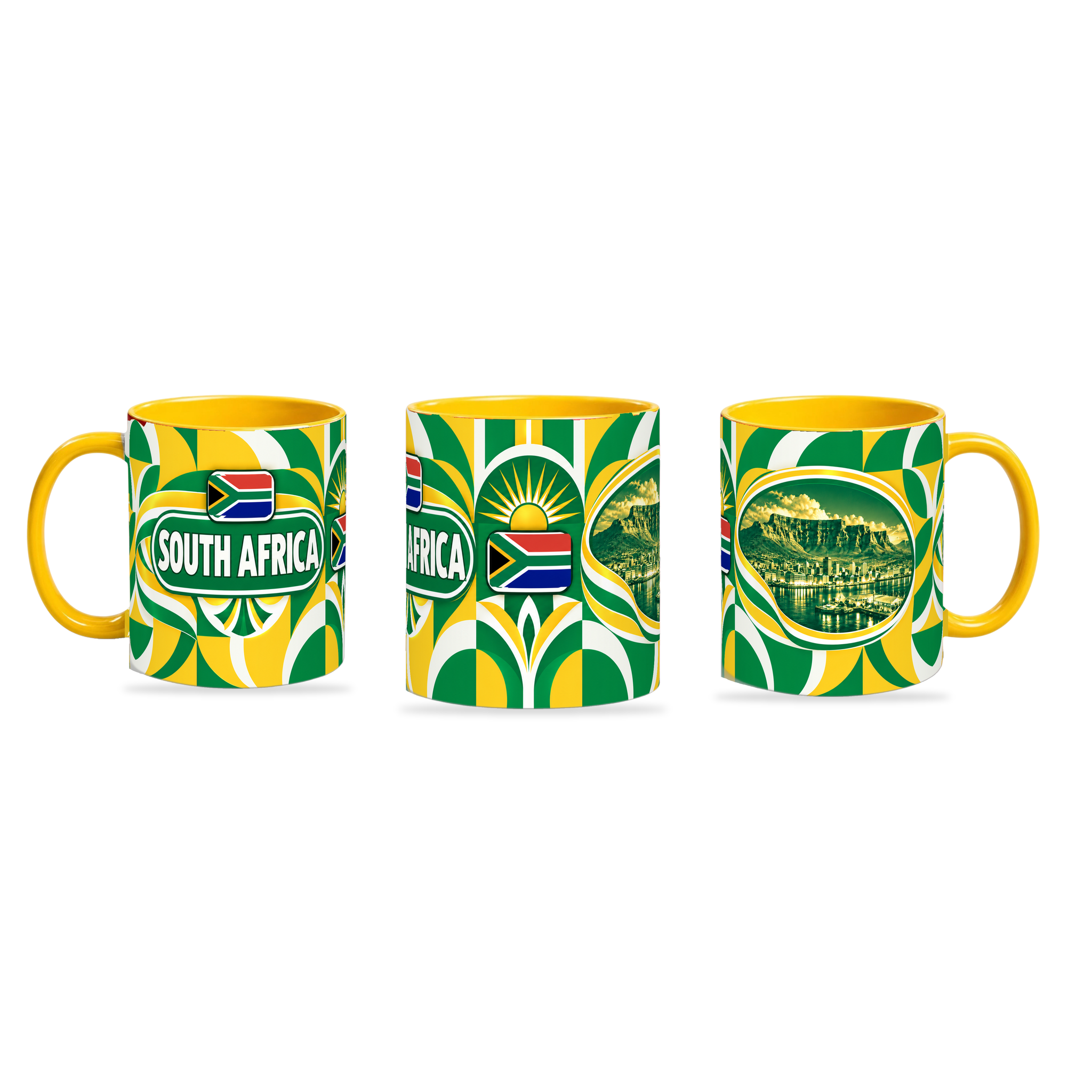 South Africa Mug Yellow – 320ml with yellow handle, shown in three matching angles of the glossy full-wrap design by Fann Bliss.