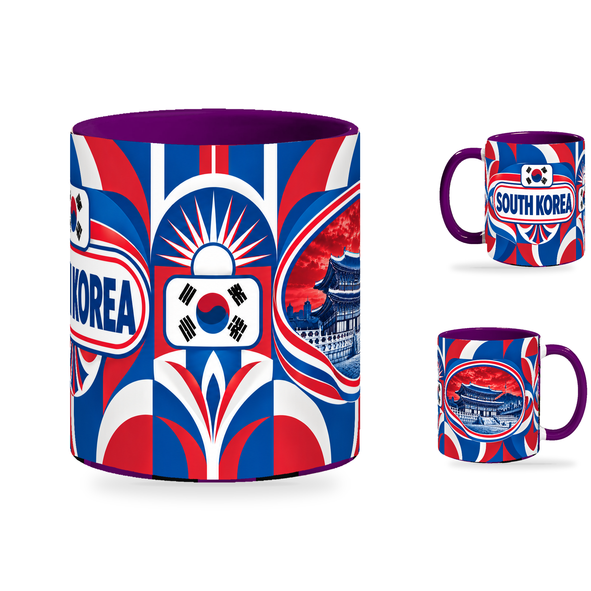 South Korea Mug Purple – 320ml with purple handle, showing the centered flag view plus companion country-name and landmark views of the glossy full-wrap design by Fann Bliss.