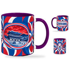 South Korea Mug Purple – 320ml with purple handle, showing the landmark side plus companion country-name and centered-flag views of the glossy full-wrap design by Fann Bliss.