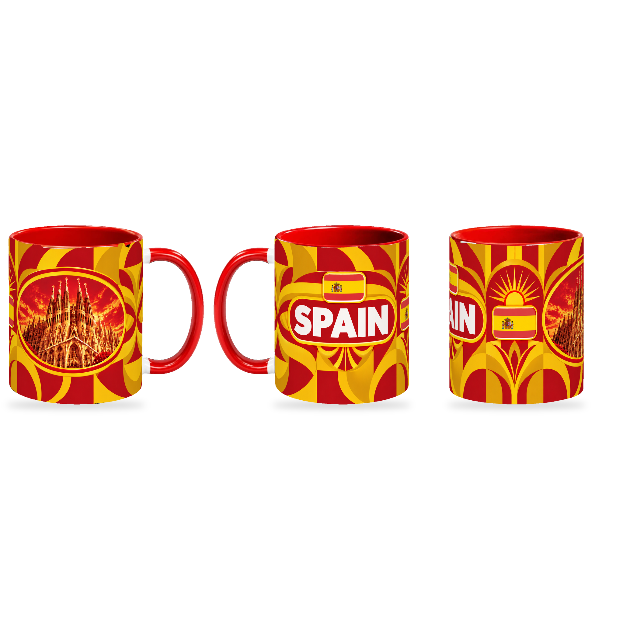 Spain Mug – 320ml — three matching angles together on a white background with a soft shadow