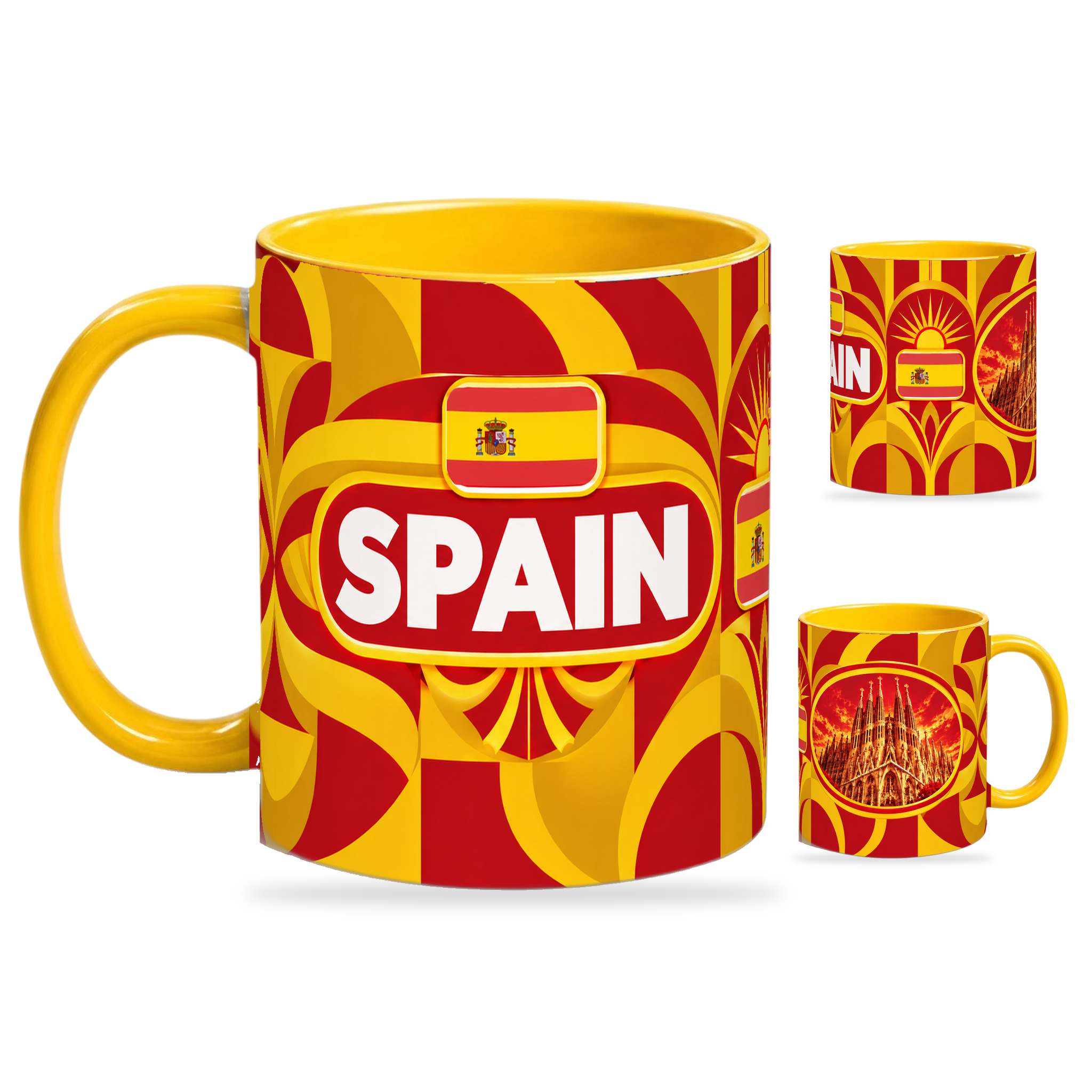 Spain Mug Yellow – 320ml with yellow handle, showing the country-name side plus companion centered-flag and landmark views of the glossy full-wrap design by Fann Bliss.