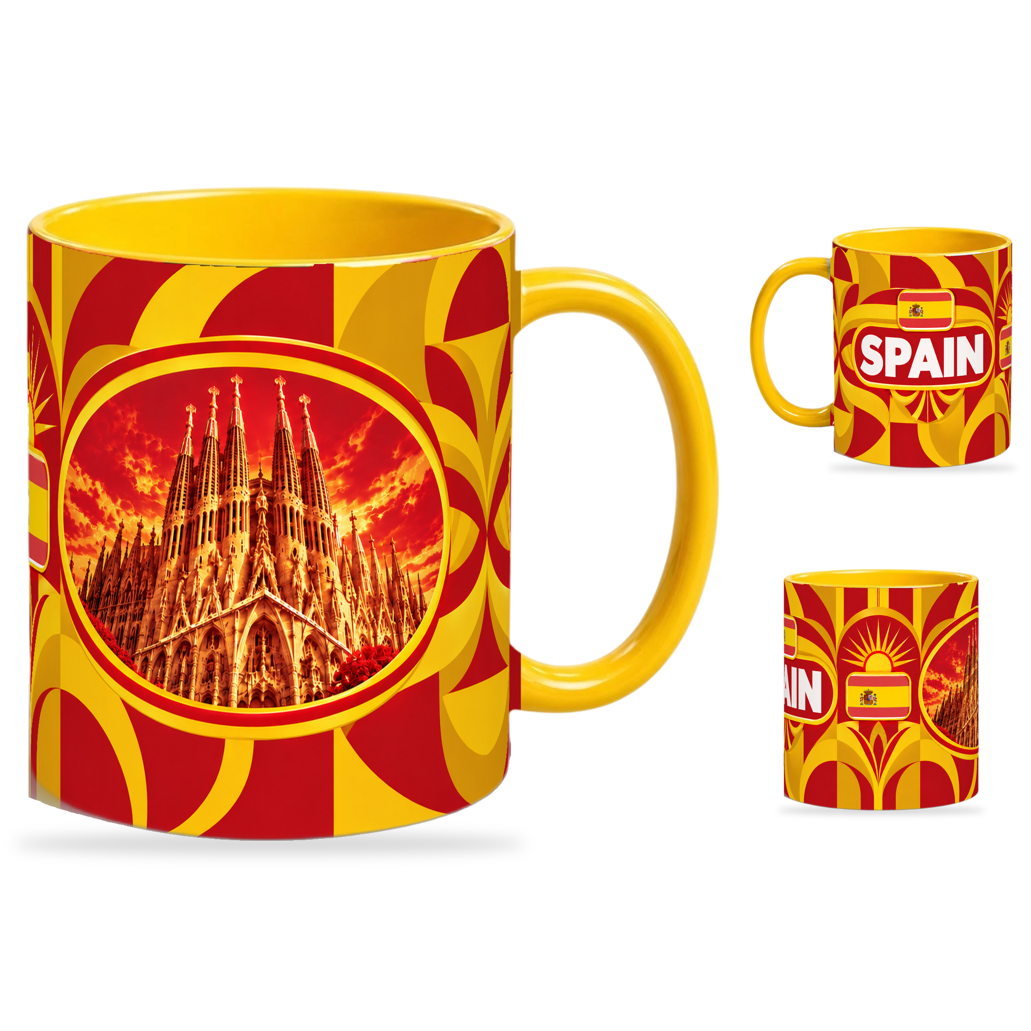 Spain Mug Yellow – 320ml with yellow handle, showing the landmark side plus companion country-name and centered-flag views of the glossy full-wrap design by Fann Bliss.