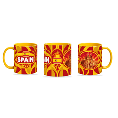 Spain Mug Yellow – 320ml with yellow handle, shown in three matching angles of the glossy full-wrap design by Fann Bliss.