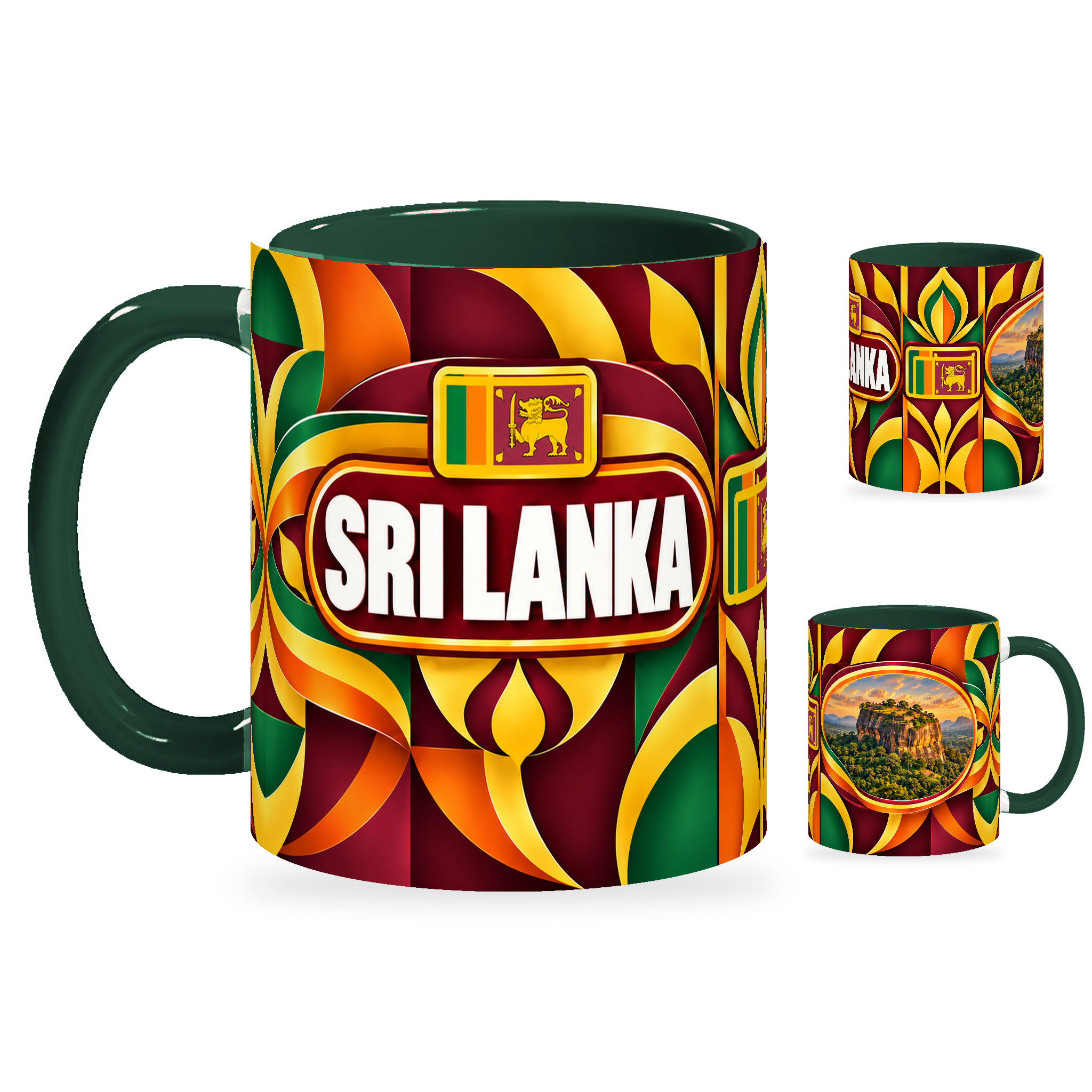 Sri Lanka Mug – 320ml with dark green handle, showing the country-name side plus companion centered-flag and landmark views of the glossy full-wrap design by Fann Bliss.