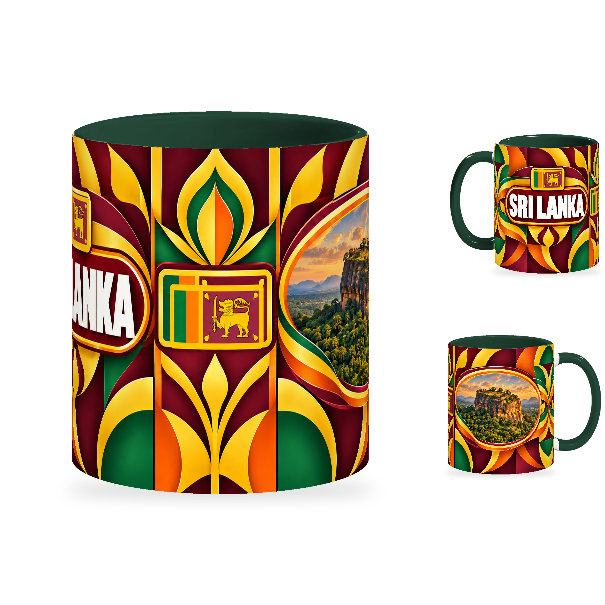 Sri Lanka Mug – 320ml with dark green handle, showing the centered flag view plus companion country-name and landmark views of the glossy full-wrap design by Fann Bliss.