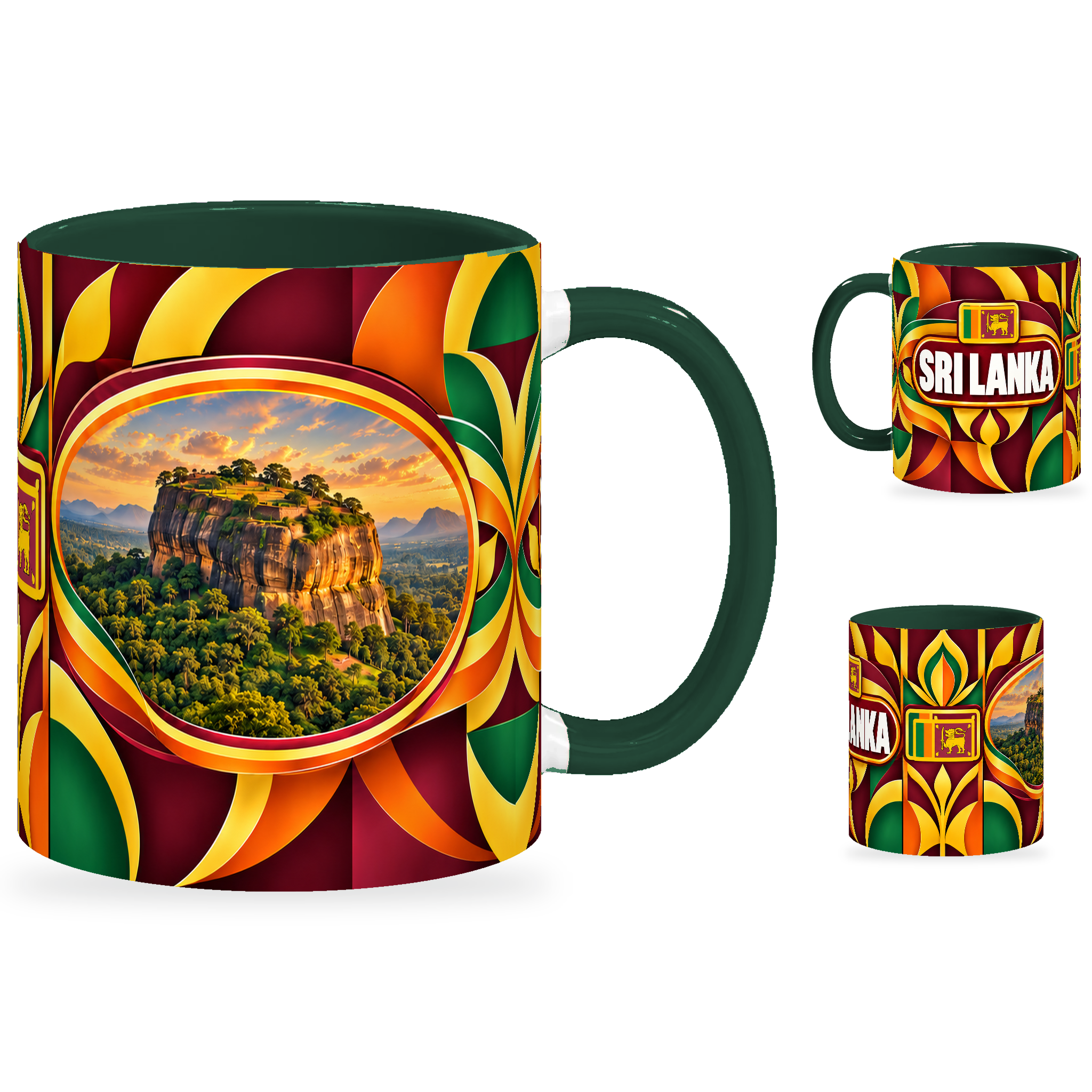 Sri Lanka Mug – 320ml with dark green handle, showing the landmark side plus companion country-name and centered-flag views of the glossy full-wrap design by Fann Bliss.