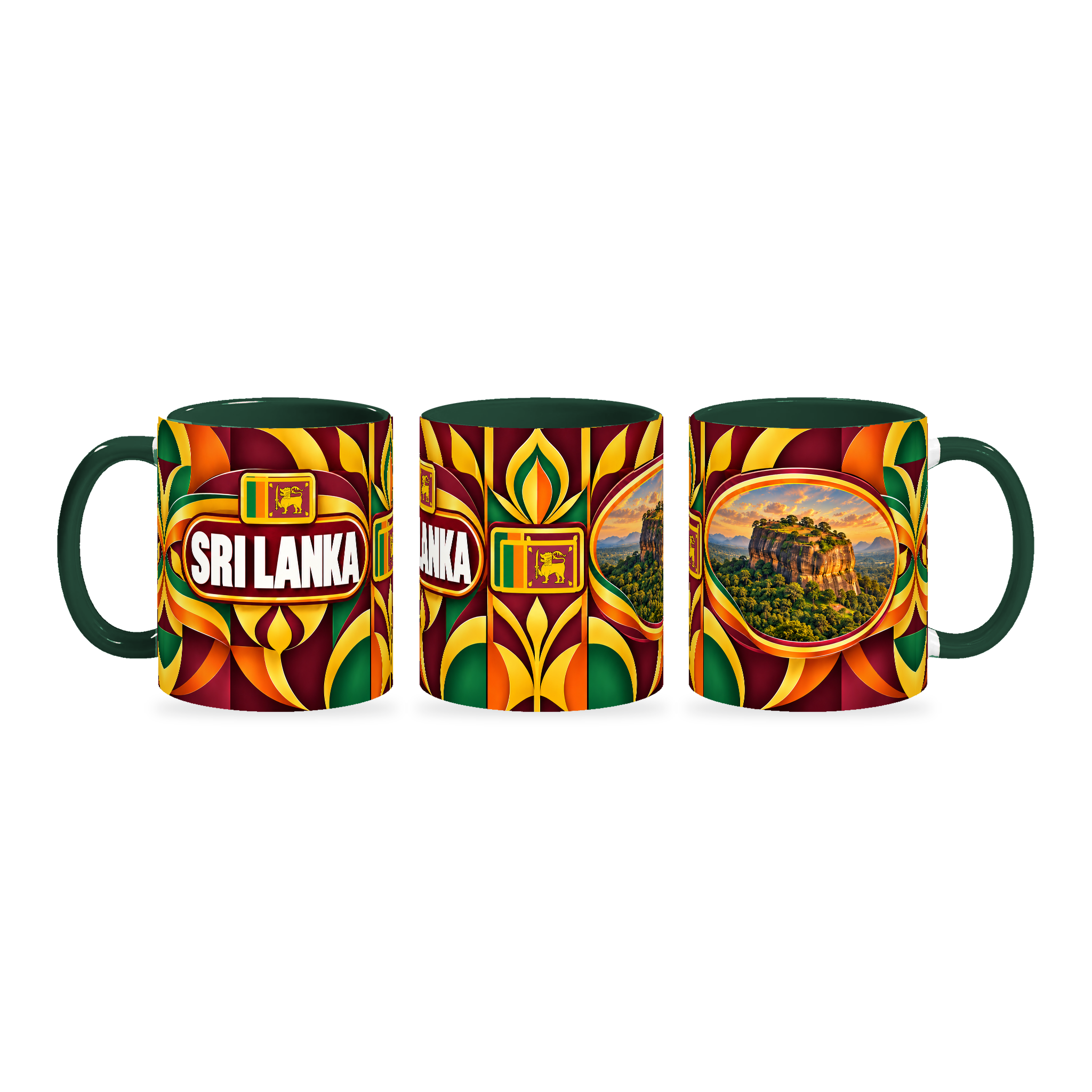 Sri Lanka Mug – 320ml with dark green handle, shown in three matching angles of the glossy full-wrap design by Fann Bliss.
