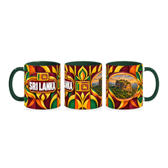 Sri Lanka Mug – 320ml with dark green handle, shown in three matching angles of the glossy full-wrap design by Fann Bliss.