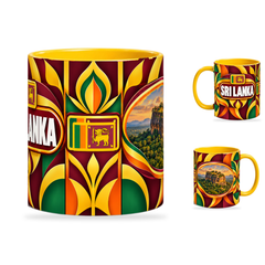 Sri Lanka Mug Yellow – 320ml with yellow handle, showing the centered flag view plus companion country-name and landmark views of the glossy full-wrap design by Fann Bliss.