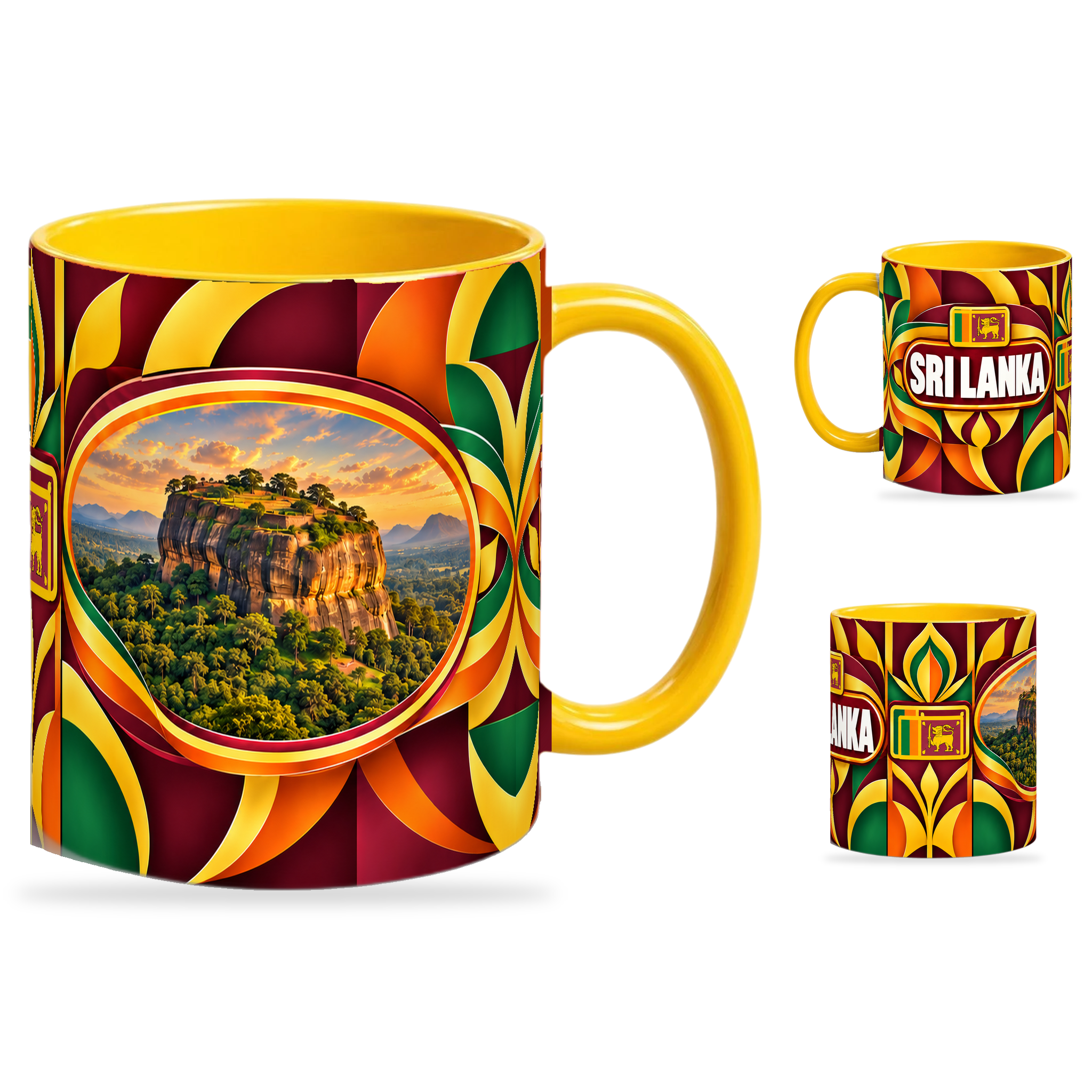 Sri Lanka Mug Yellow – 320ml with yellow handle, showing the landmark side plus companion country-name and centered-flag views of the glossy full-wrap design by Fann Bliss.