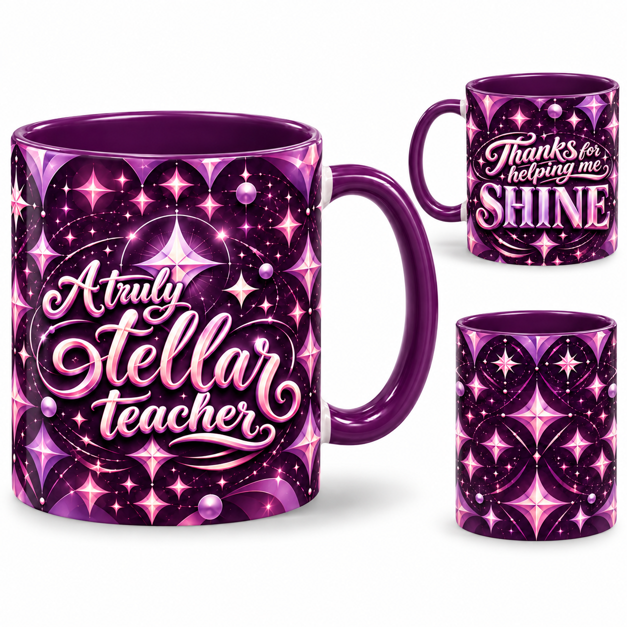 Stellar Teacher Mug – 320ml, purple ceramic mug, views of the full-wrap Teacher’s Day design