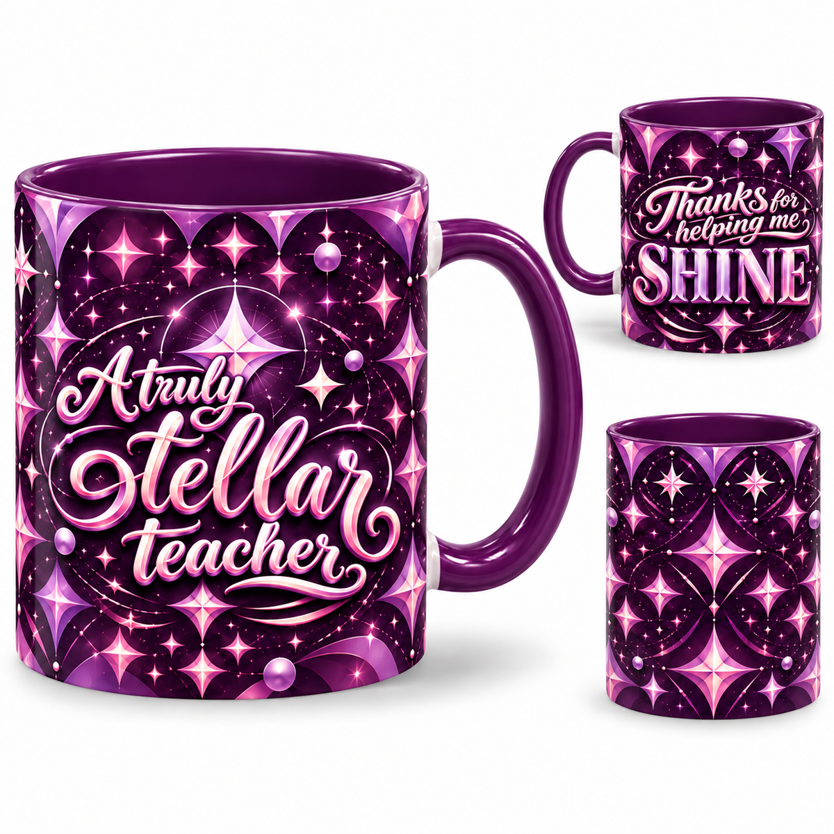 Stellar Teacher Mug – 320ml, purple ceramic mug, views of the full-wrap Teacher’s Day design