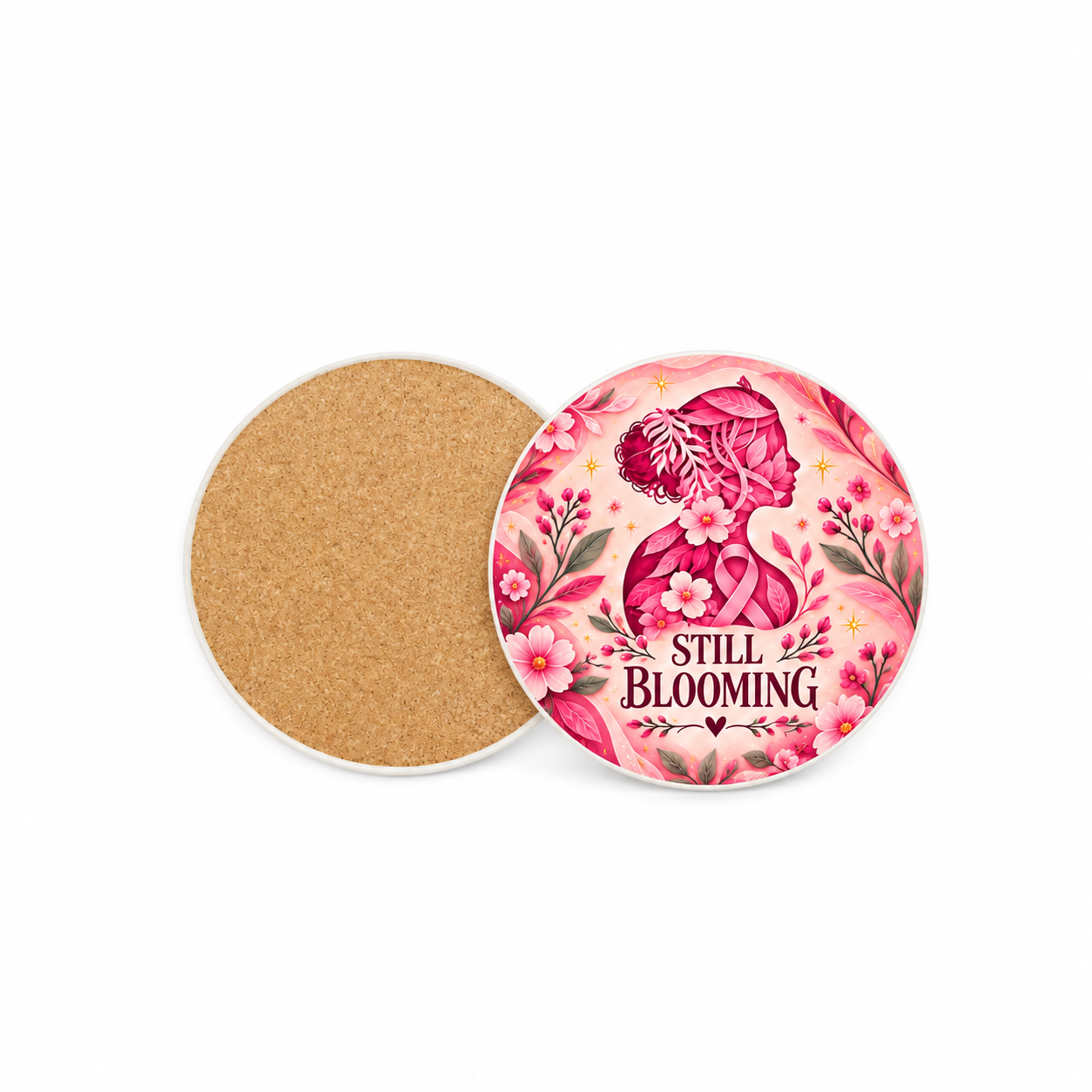 Still Blooming Pinktober 10cm round ceramic coaster, printed front and cork back