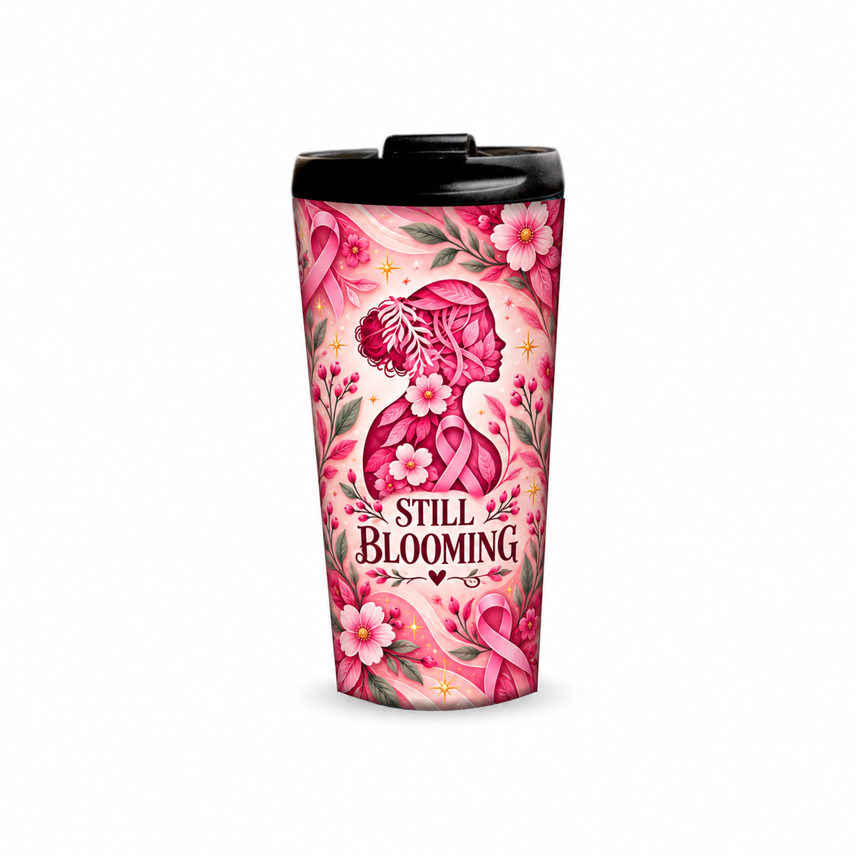 Still Blooming Pinktober Tumbler – 480ml, front view with lid on