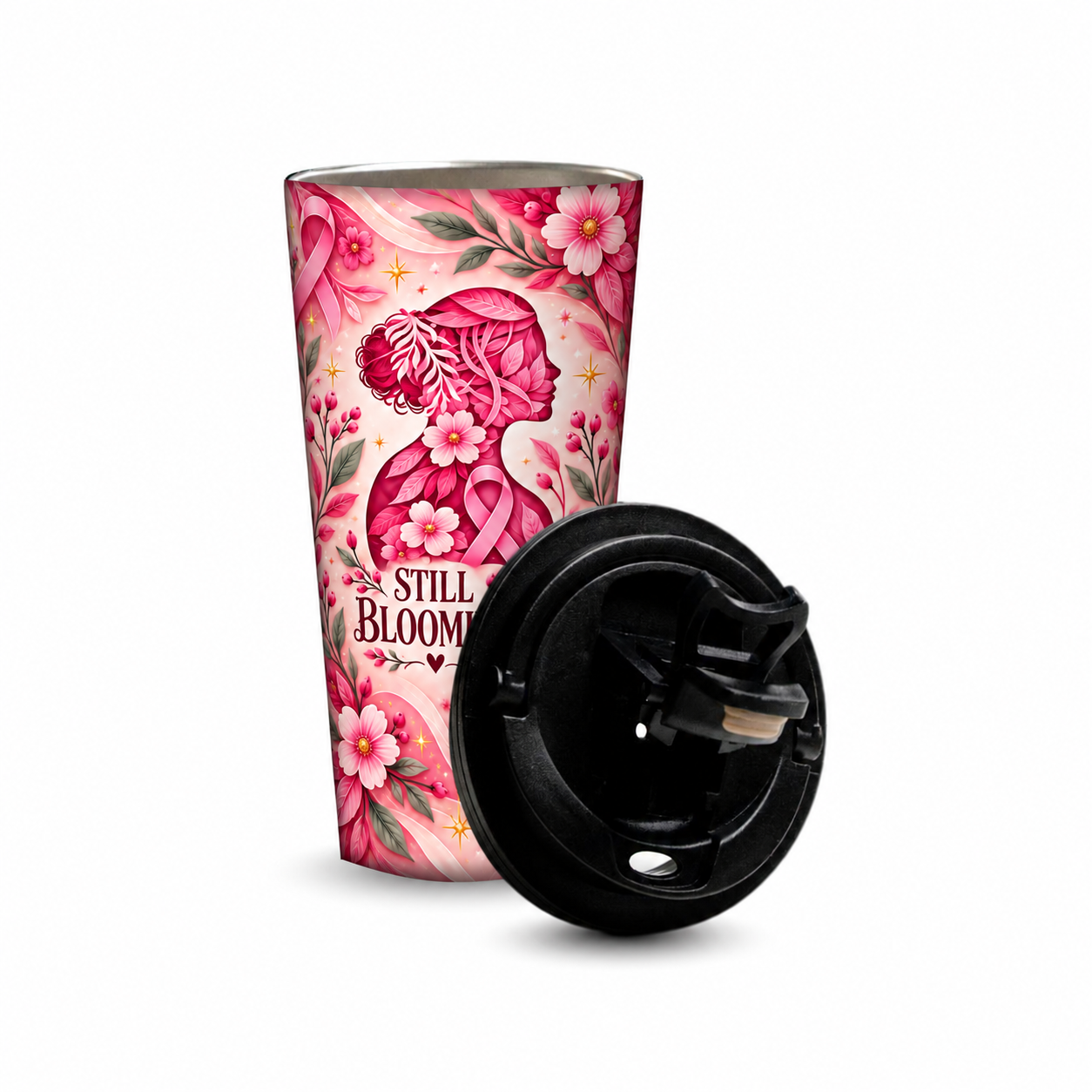 Still Blooming Pinktober Tumbler – 480ml, removable lid beside the tumbler