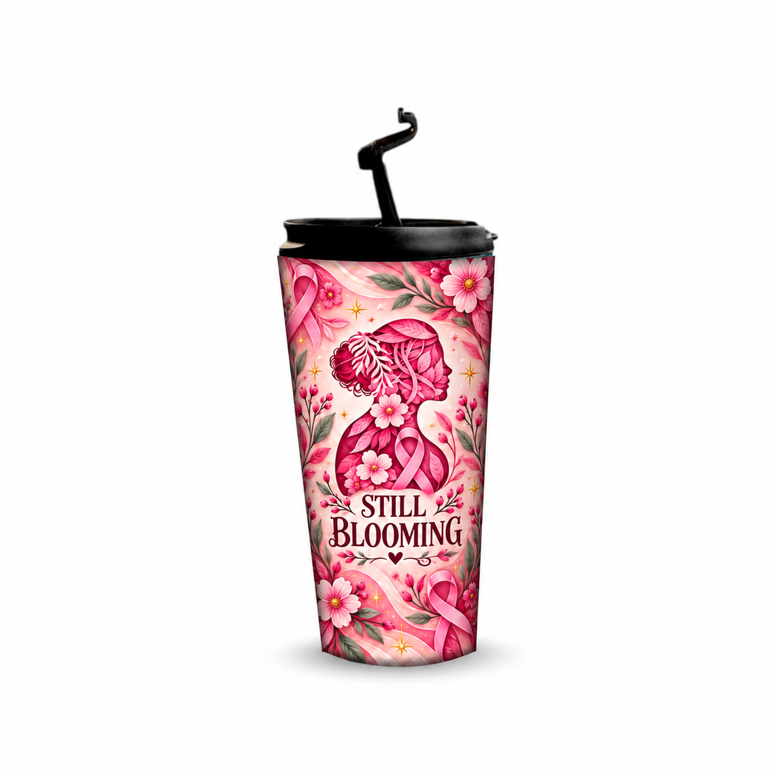 Still Blooming Pinktober Tumbler – 480ml, open flip-spout lid view