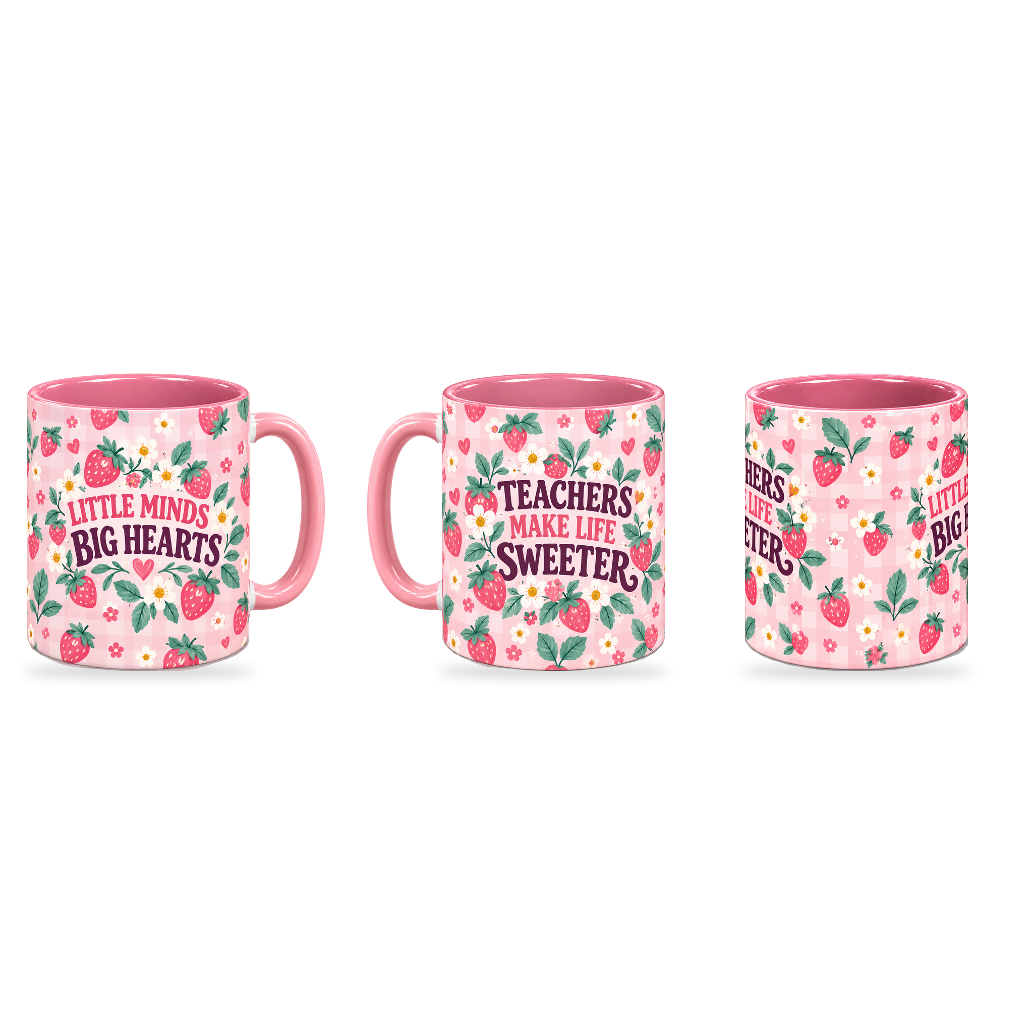 Strawberry Classroom Teacher Mug – 320ml — right, left and centre views together on a transparent background