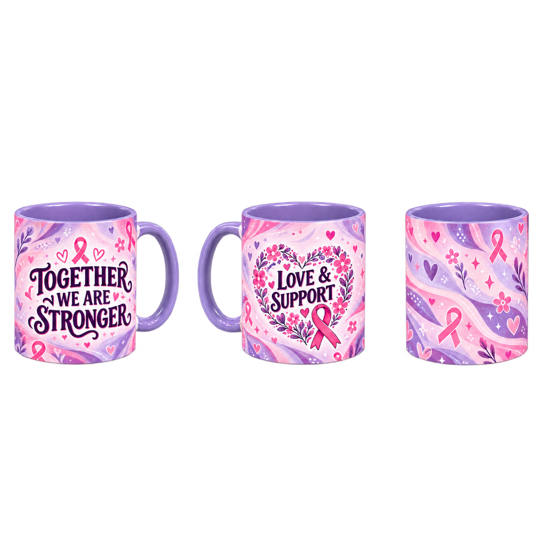 Stronger Together Pinktober Mug – Light Purple, 320ml, three-view overview