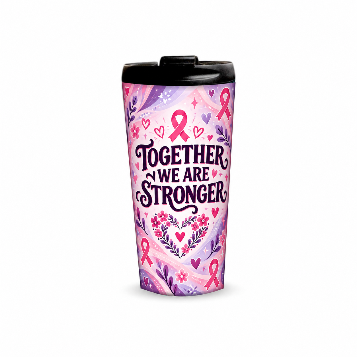 Stronger Together Pinktober Tumbler – 480ml, front view with lid on