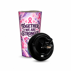 Stronger Together Pinktober Tumbler – 480ml, removable lid beside the tumbler