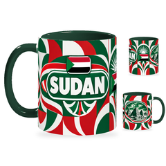 Sudan Mug – 320ml with dark green handle, showing the country-name side plus companion centered-flag and landmark views of the glossy full-wrap design by Fann Bliss.