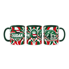Sudan Mug – 320ml with dark green handle, shown in three matching angles of the glossy full-wrap design by Fann Bliss.