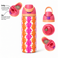 Sunset Plumes Free Sip Bottle 720ML with Pink-Orange lid - sip and swig lid details
