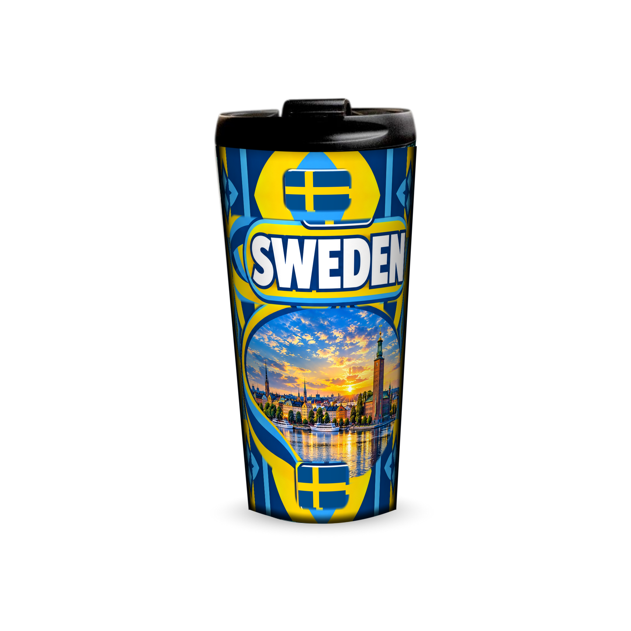 Sweden 480ml tumbler front view with country design