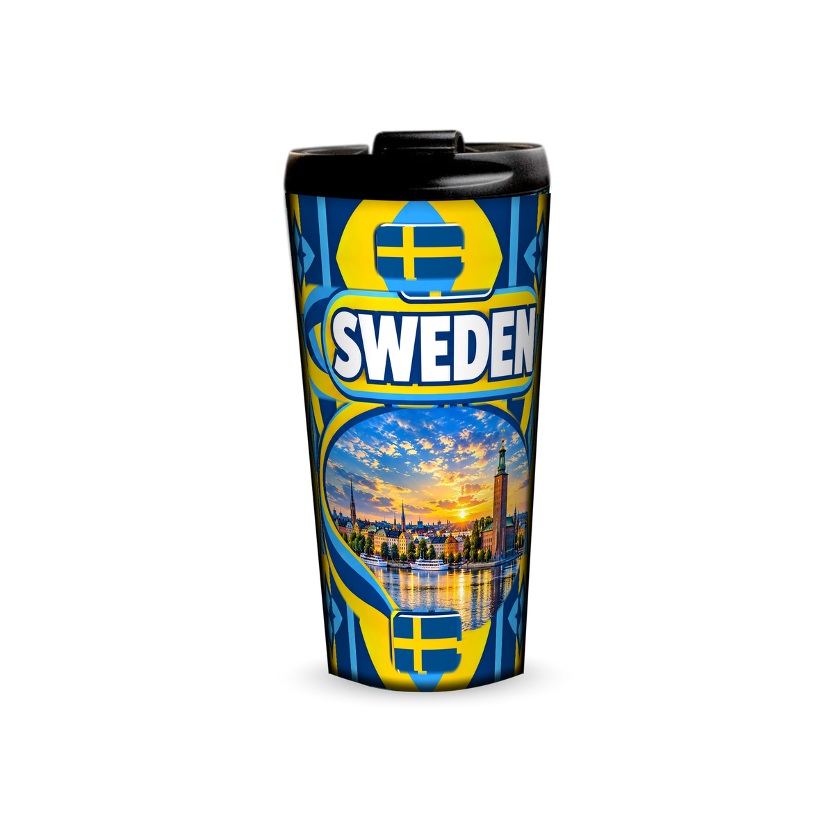 Sweden 480ml tumbler front view with country design