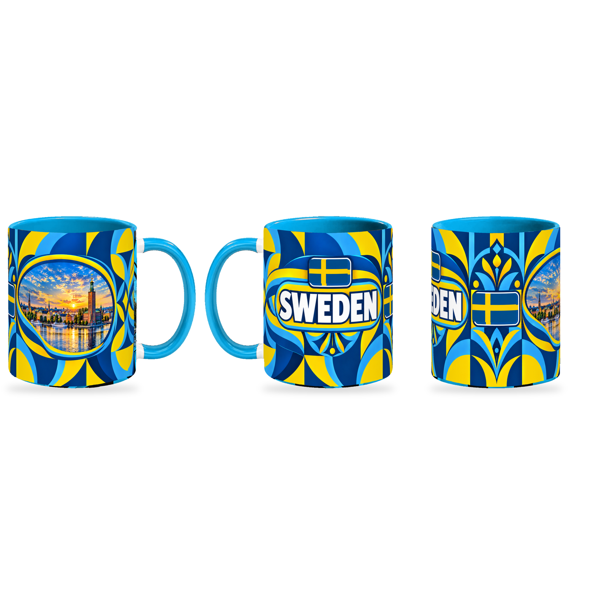 Sweden Mug – 320ml — three matching angles together on white with a soft shadow