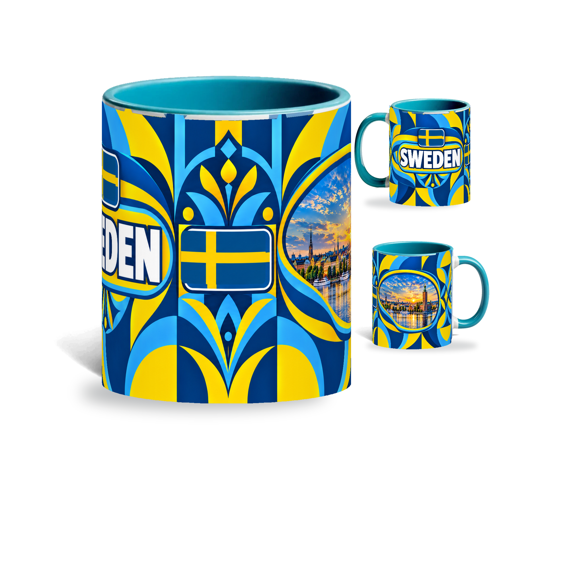 Sweden Mug Teal – 320ml with teal handle, showing the centered flag view plus companion country-name and landmark views of the glossy full-wrap design by Fann Bliss.
