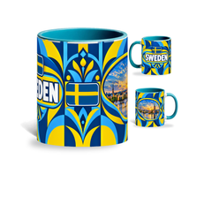 Sweden Mug Teal – 320ml with teal handle, showing the centered flag view plus companion country-name and landmark views of the glossy full-wrap design by Fann Bliss.