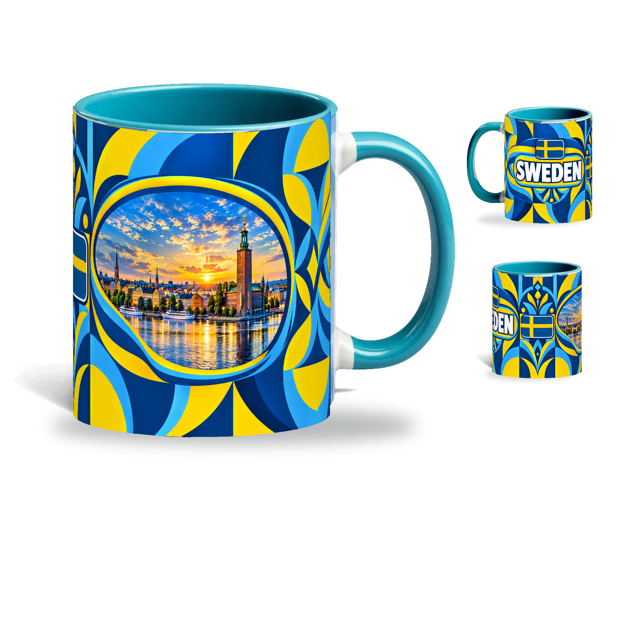 Sweden Mug Teal – 320ml with teal handle, showing the landmark side plus companion country-name and centered-flag views of the glossy full-wrap design by Fann Bliss.