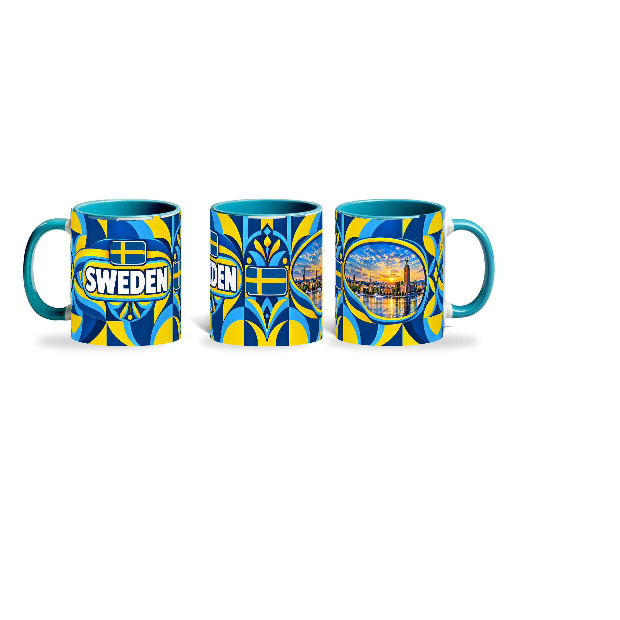 Sweden Mug Teal – 320ml with teal handle, shown in three matching angles of the glossy full-wrap design by Fann Bliss.