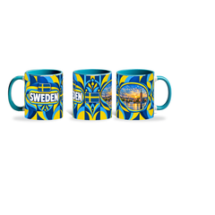 Sweden Mug Teal – 320ml with teal handle, shown in three matching angles of the glossy full-wrap design by Fann Bliss.